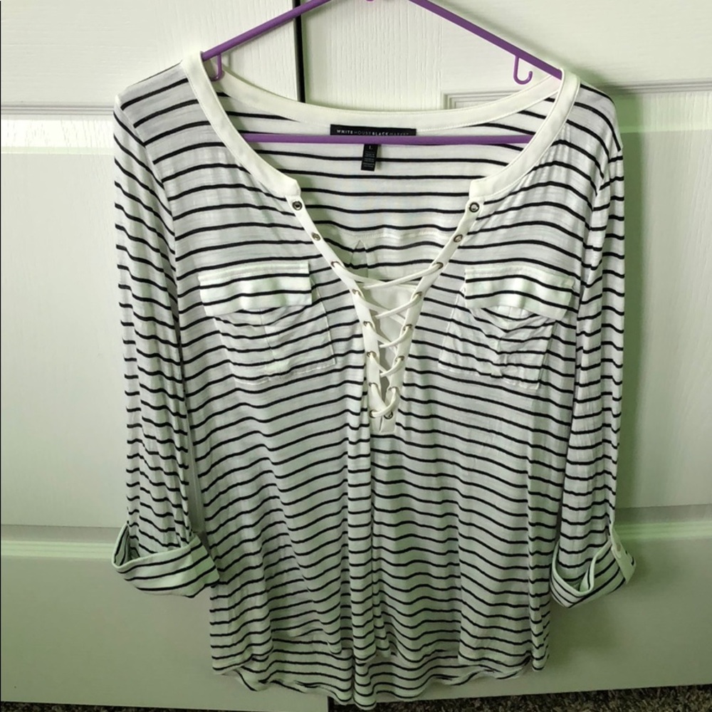 WHBM. White with black strips.  3/4 sleeve